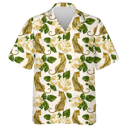 Rósanna Pastel Agus Liopards Fiáine ar Chúlra Bán Léine Haváís, Bronntanas Léine Haváís, Bronntanas Nollag