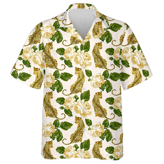 Rósanna Pastel Agus Liopards Fiáine ar Chúlra Bán Léine Haváís, Bronntanas Léine Haváís, Bronntanas Nollag