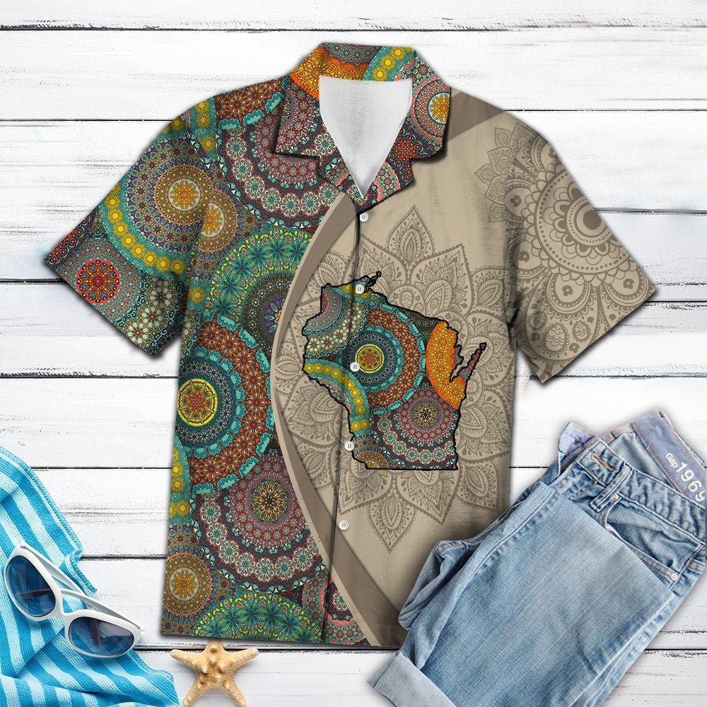 Map Of Wisconsin Mandala Flower Patchwork Hawaiian Shirt,Hawaiian Shirt Gift, Christmas Gift