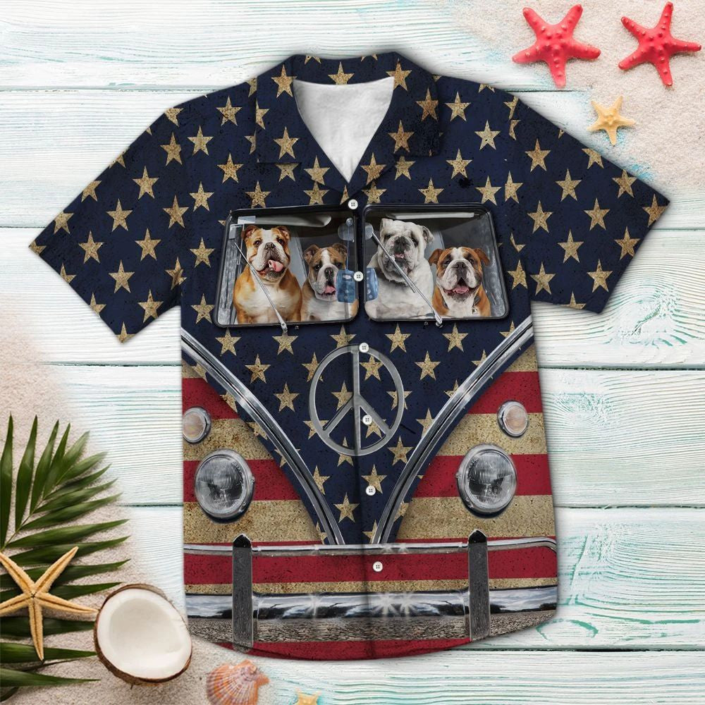 Bulldog Family Grunge Flag Hippie Bus Pattern Hawaiian Shirt, Hawaiian Shirt Gift, Christmas Gift