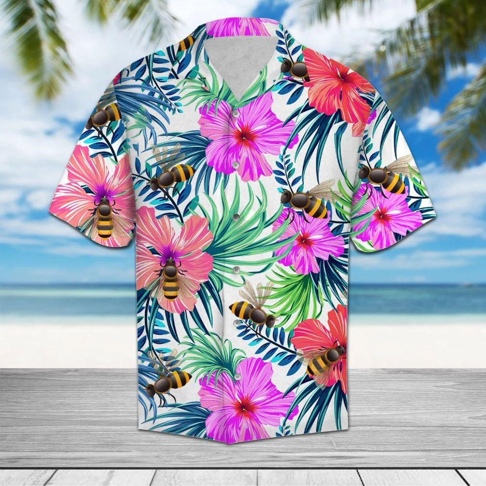 Lively Hibiscus And Tropical Leaves With Bee Hawaiian Shirt, Hawaiian Shirt Gift, Christmas Gift