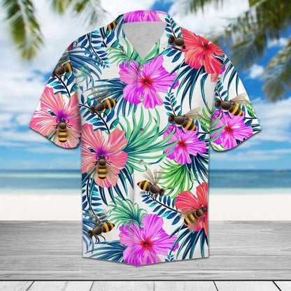 Lively Hibiscus And Tropical Leaves With Bee Hawaiian Shirt, Hawaiian Shirt Gift, Christmas Gift