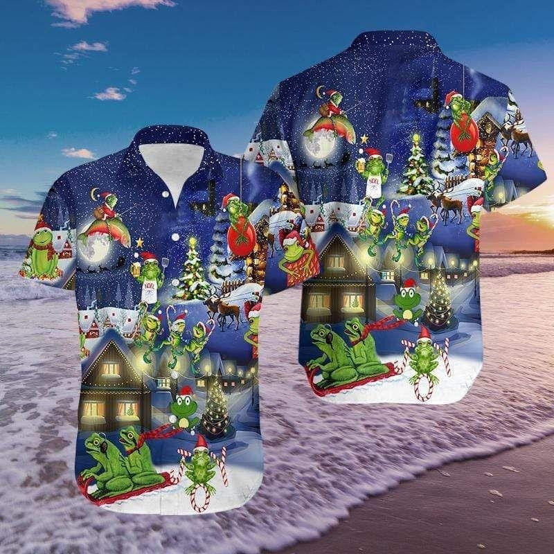 Pretty Frogs On Night Christmas Design Hawaiian Shirt,Hawaiian Shirt Gift, Christmas Gift