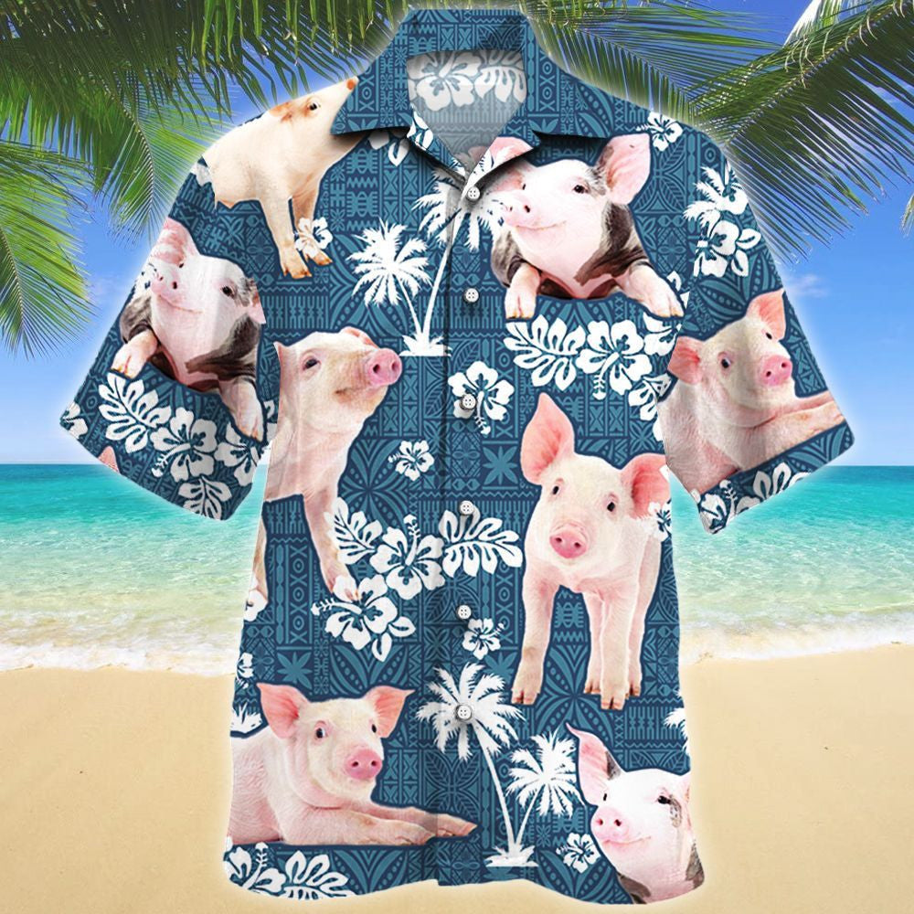 Cute Pink Pig And Hibiscus On Blue Tribal Pattern Hawaiian Shirt, Hawaiian Shirt Gift, Christmas Gift