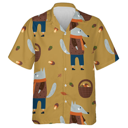 Cartoon Doodle Mushrooms And Wolf Modern Fall Hawaiian Shirt, Hawaiian Shirt Gift, Christmas Gift
