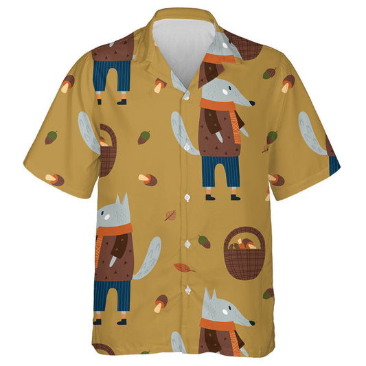 Cartoon Doodle Mushrooms And Wolf Modern Fall Hawaiian Shirt, Hawaiian Shirt Gift, Christmas Gift
