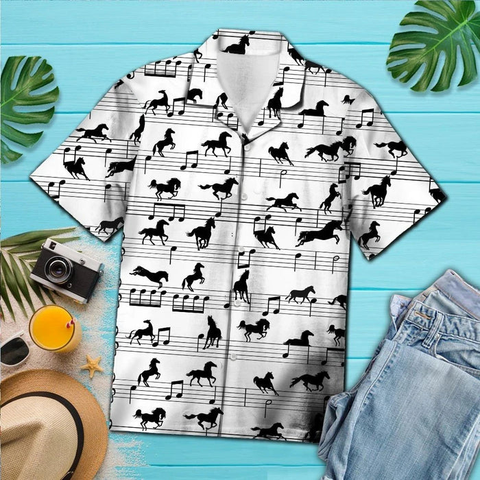 Black And White Horse Music Notes Pattern Hawaiian Shirt, Hawaiian Shirt Gift, Christmas Gift