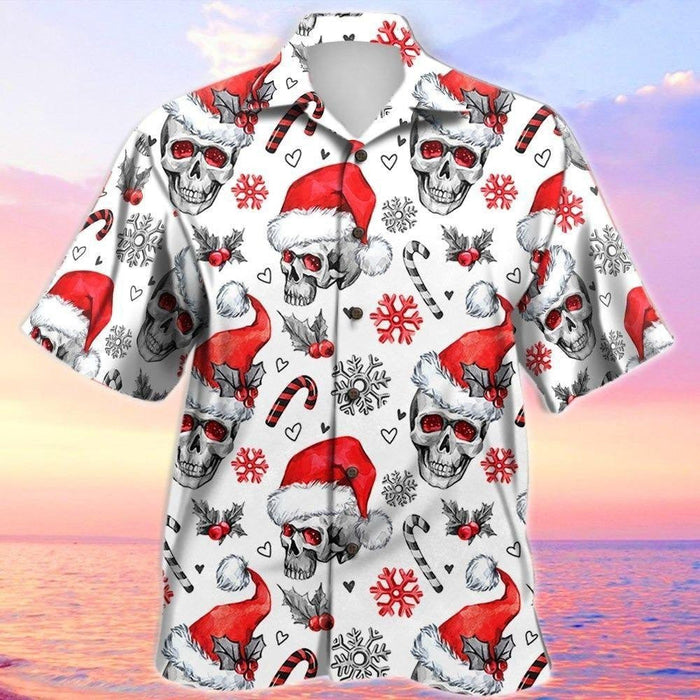 Christmas Skull Santa Snowflake Hand Drawn Pattern Hawaiian Shirt, Hawaiian Shirt Gift, Christmas Gift