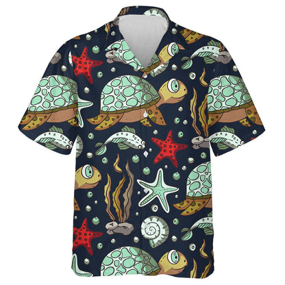 Hand Drawn Summer Ocean Cartoon Turtle Hawaiian Shirt, Hawaiian Shirt Gift, Christmas Gift