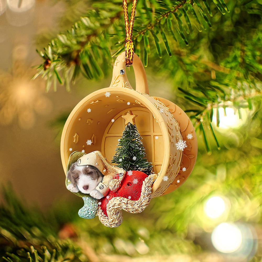 Bearded Collie Sleeping in a tiny cup Christmas Holiday-Two Sided Christmas Plastic Hanging Ornament, Christmas Ornament Gift, Christmas Gift, Christmas Decoration