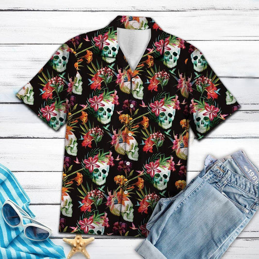 Smiling Skull Tropical Flower Design Hawaiian Shirt,Hawaiian Shirt Gift, Christmas Gift