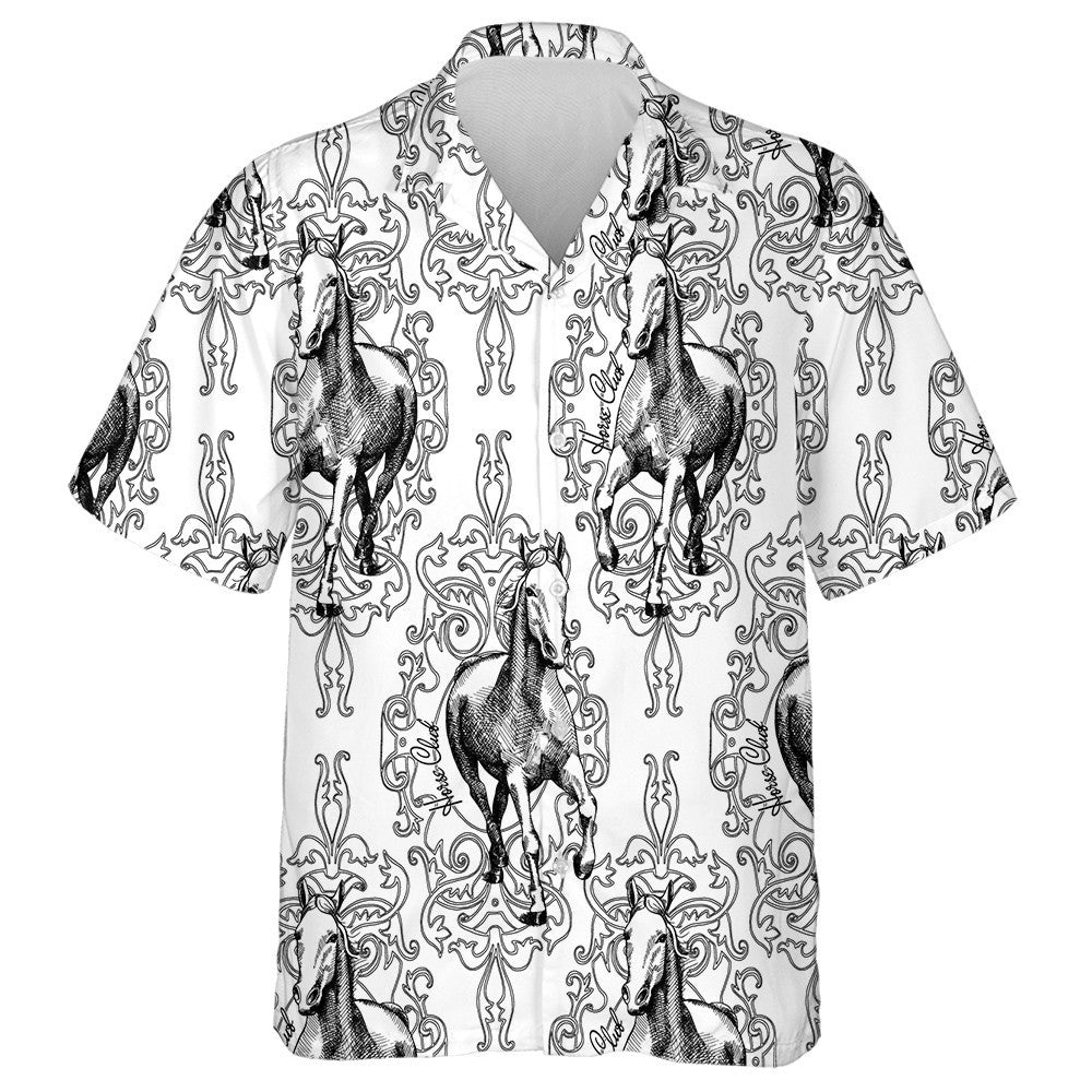 Retro Background Horse Club Black And White Hawaiian Shirt, Hawaiian Shirt Gift, Christmas Gift