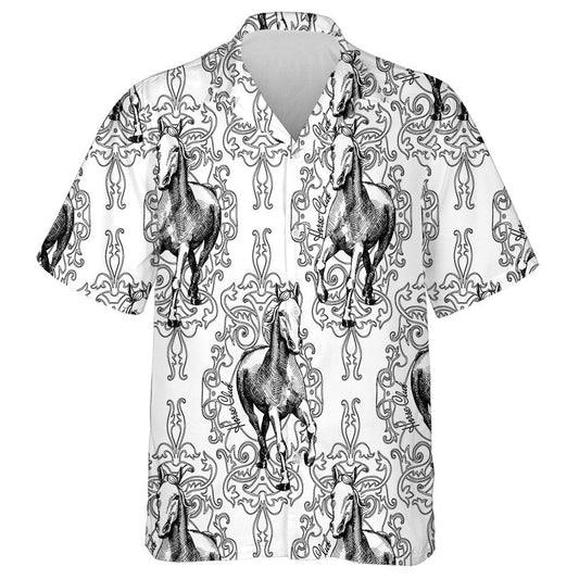 Retro Background Horse Club Black And White Hawaiian Shirt, Hawaiian Shirt Gift, Christmas Gift
