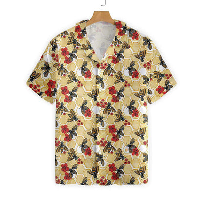 Honey Bee Hexagon On Cream Background Pattern Hawaiian Shirt, Hawaiian Shirt Gift, Christmas Gift
