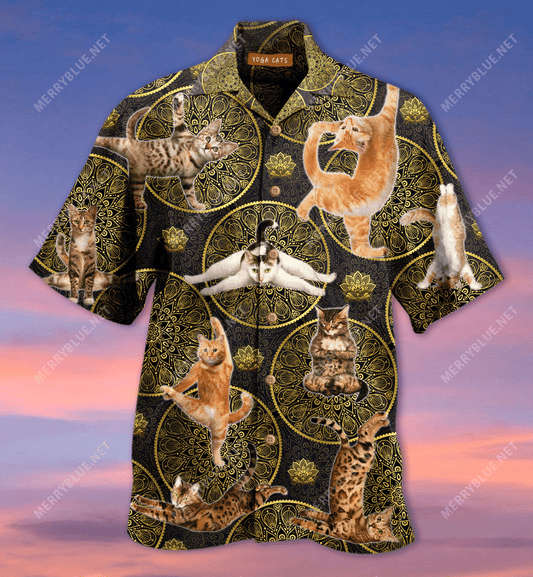 Cats Do Yoga Hawaiian Aloha Shirt Hawaiian Shorts Beach Short Sleeve, Hawaiian Shirt Gift, Christmas Gift
