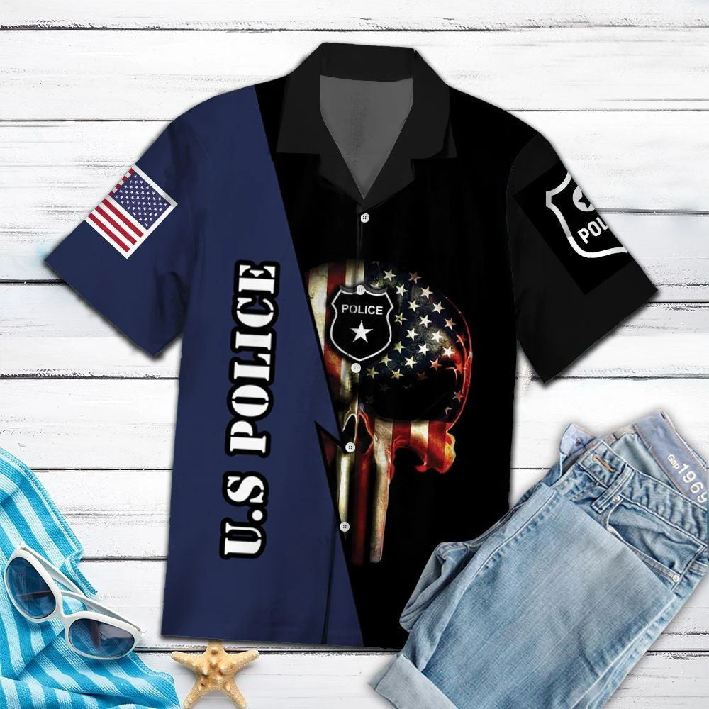 Us Police With Punisher American Flag Hawaiian Shirt, Hwaiian For Gift