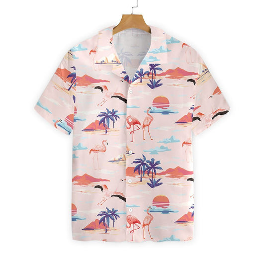 Flamingo In Sunset Beautiful Scene Pink Theme Hawaiian Shirt, Hawaiian Shirt Gift, Christmas Gift