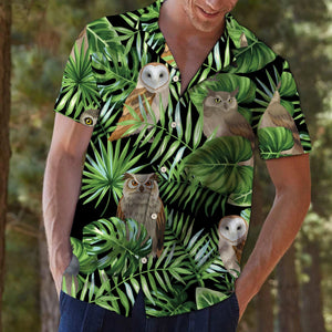 Owl And Green Tropical Leaves Pattern Hawaiian Shirt,Hawaiian Shirt Gift, Christmas Gift