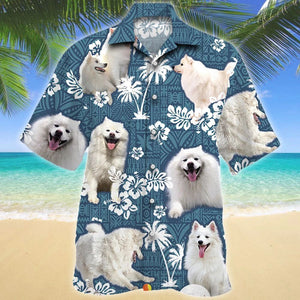 Adorable White American Eskimo Dog Blue Tribal Pattern Hawaiian Shirt, Hawaiian Shirt Gift, Christmas Gift