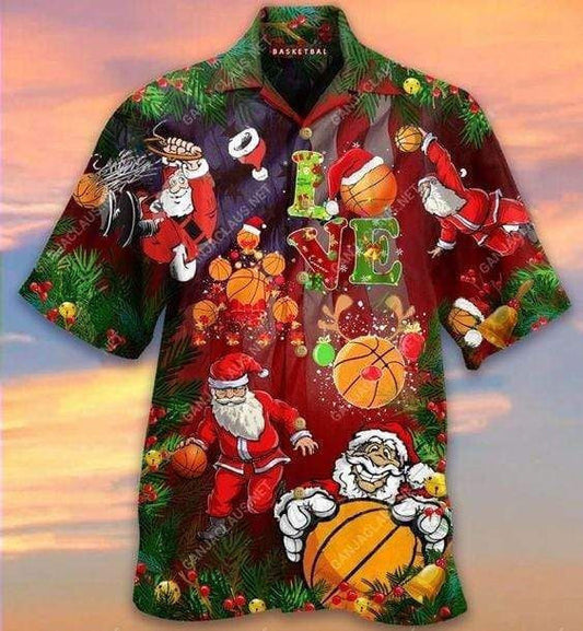 Basketball And Christmas Tree On Red Background Hawaiian Shirt, Hawaiian Shirt Gift, Christmas Gift
