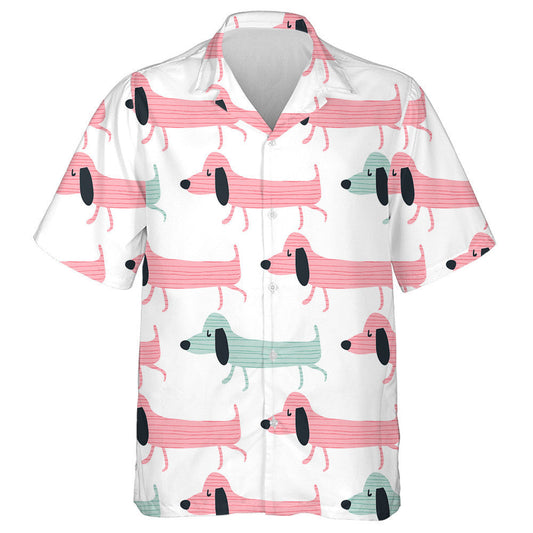 Hand Draw Cartoon Dachshund Stripe Colorful Hawaiian Shirt, Hawaiian Shirt Gift, Christmas Gift