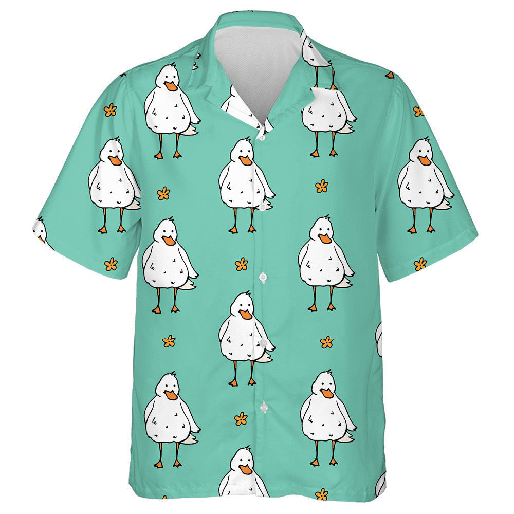 Cartoon Ducks And Small Flowers On Green Hawaiian Shirt, Hawaiian Shirt Gift, Christmas Gift