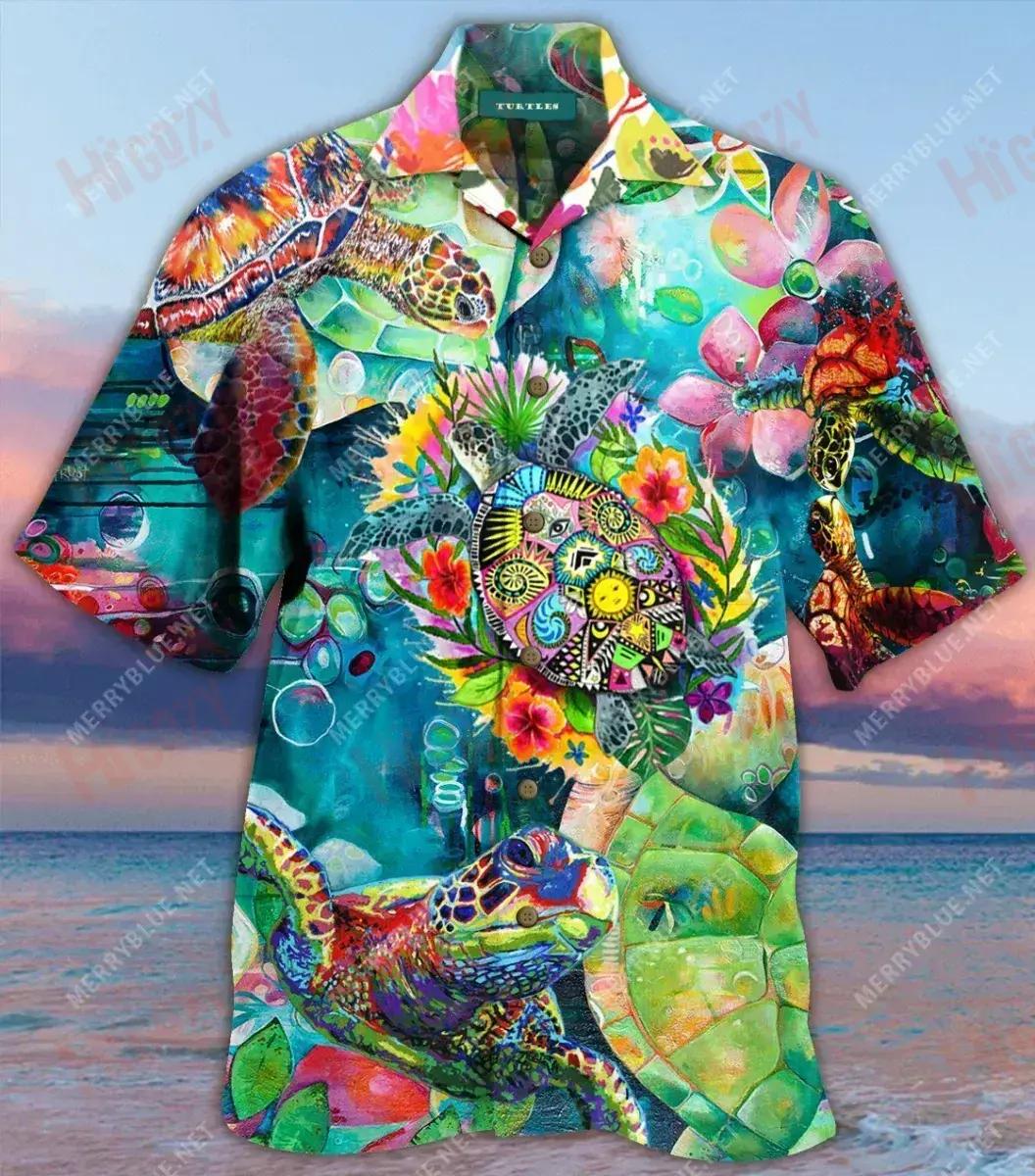 Colorful Turtle Unisex Short Sleeve Shirt Hobbies Tropical Shirts Best Hawaiian Shirts Hawaiian Shirts For Men, Hwaiian For Gift