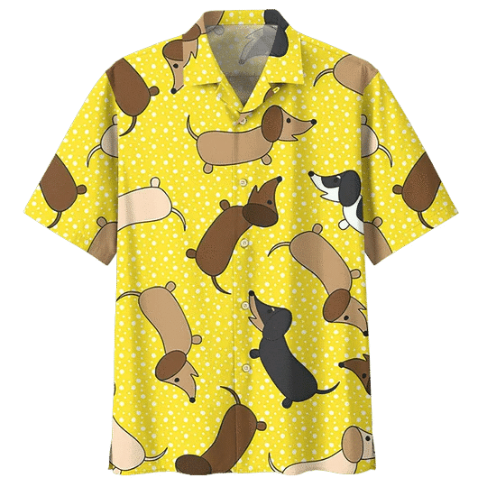 Yellow Dachshund Watercolor Design Hawaiian Shirt, Hwaiian For Gift