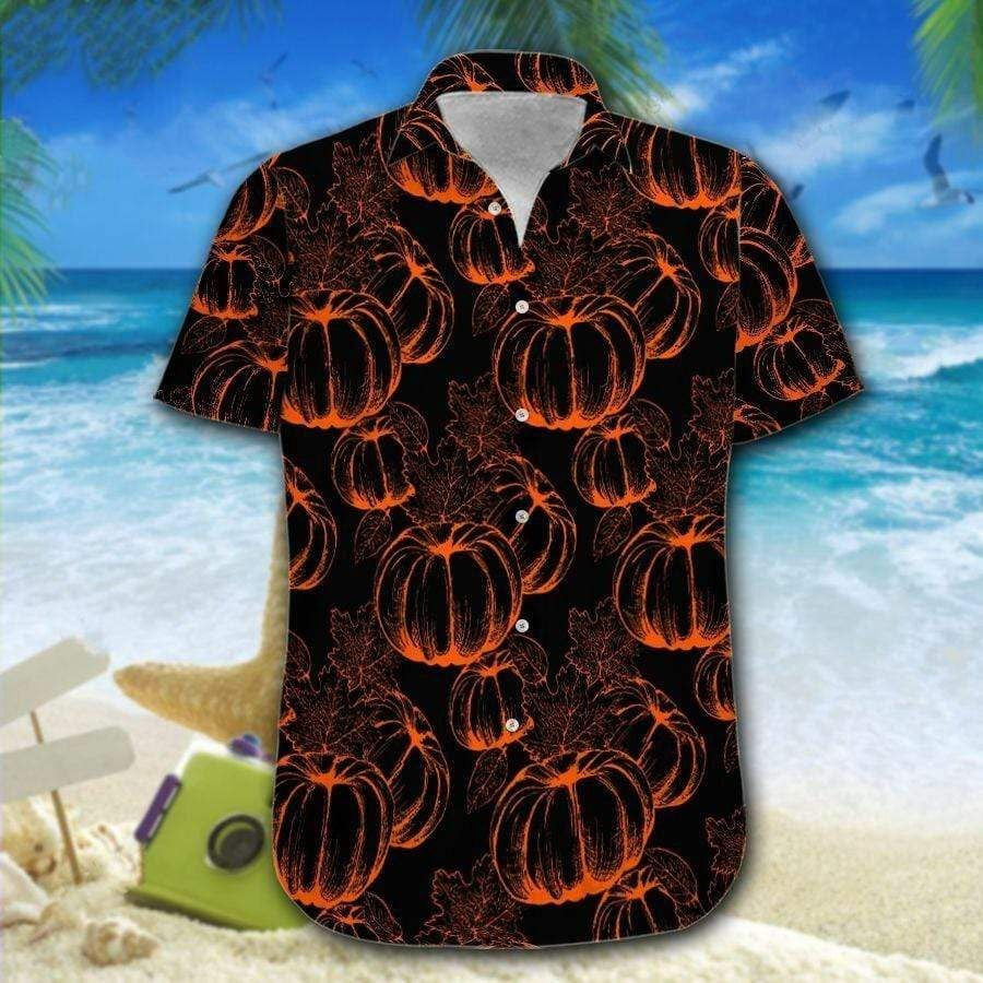 Illustration Hawaiian Shirt Pumpkin Black For Halloween, Hawaiian For Gift
