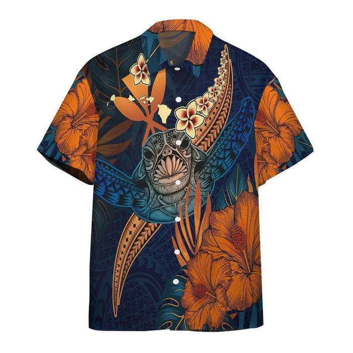 Orange Polynesian Turtle Hibiscus Pattern Hawaiian Shirt,Hawaiian Shirt Gift, Christmas Gift