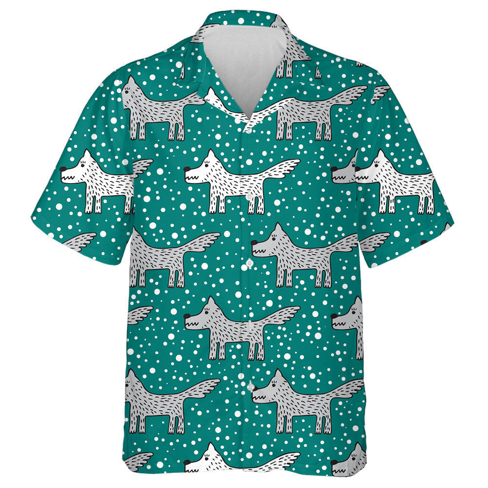 Grey And White Wolf On Dark Turquoise Hawaiian Shirt, Hawaiian Shirt Gift, Christmas Gift
