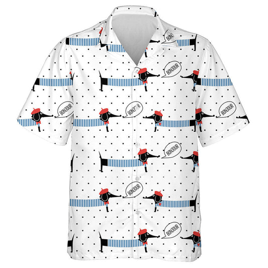 Stíl na Fraince Dachshund Ag rá Bonjour Ar Léine Haváís Polca Poncanna, Bronntanas Léine Haváíais, Bronntanas Nollag