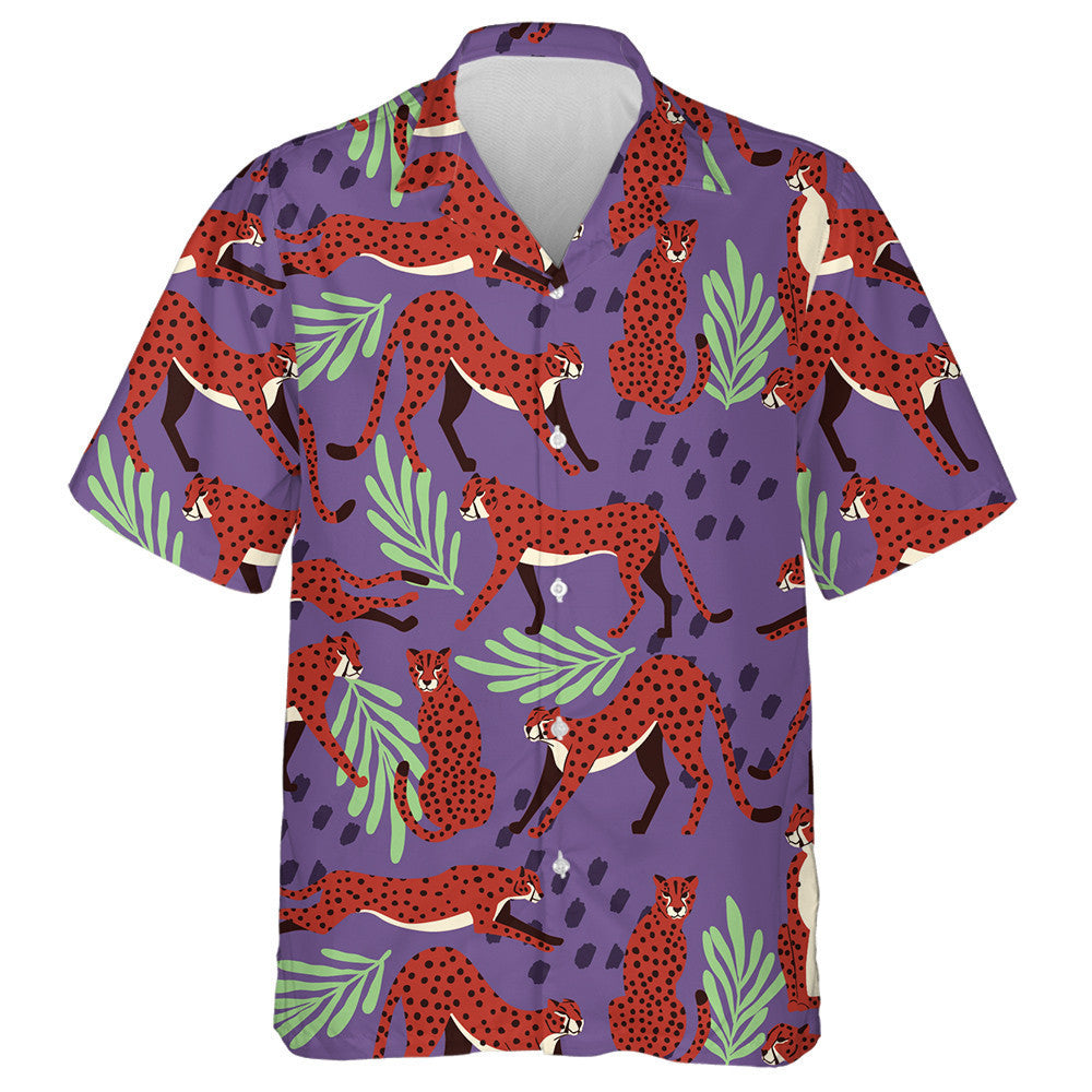 Modern Cartoon Leopard Elements On Purple Background Hawaiian Shirt, Hawaiian Shirt Gift, Christmas Gift