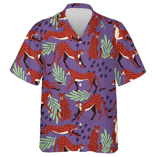 Modern Cartoon Leopard Elements On Purple Background Hawaiian Shirt, Hawaiian Shirt Gift, Christmas Gift