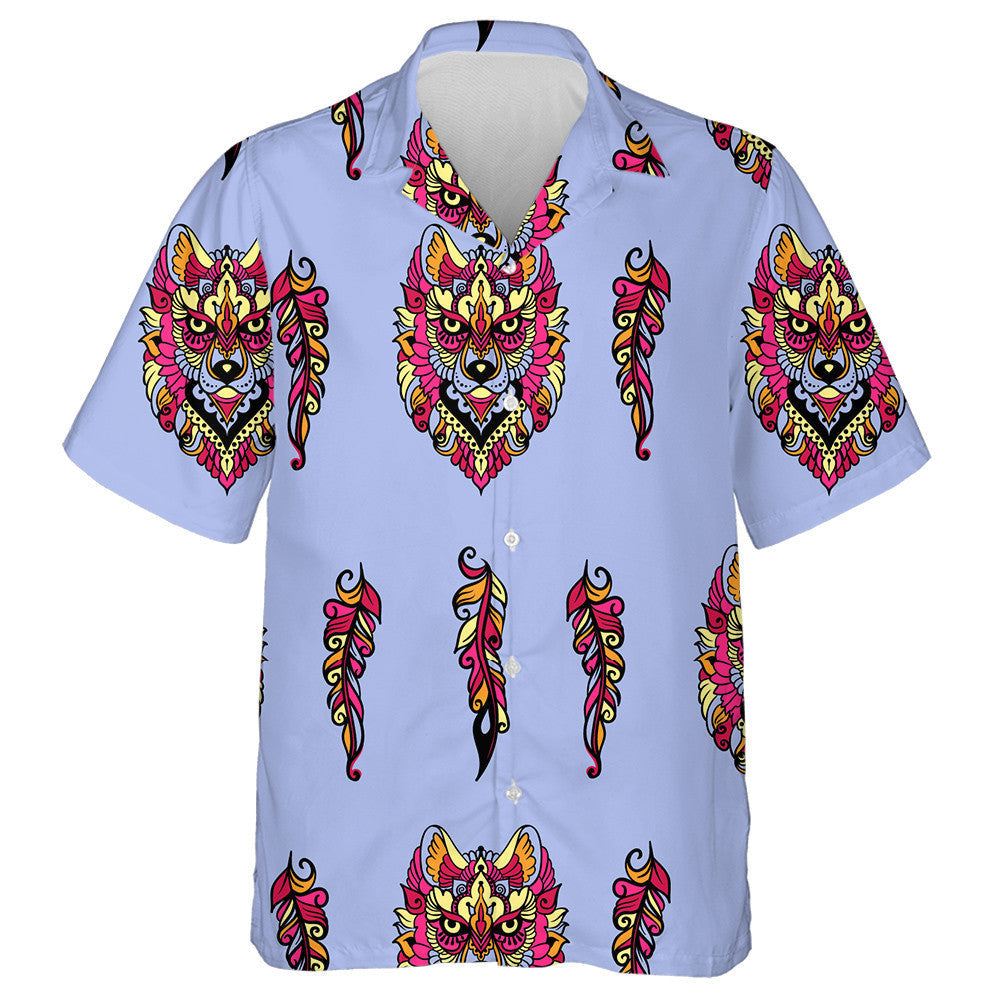 Wolf And Feathers In Ethnic Style Hawaiian Shirt, Hwaiian For Gift