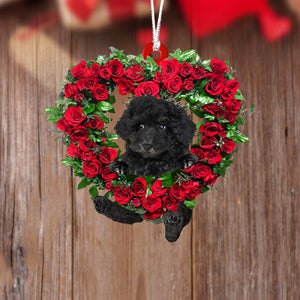 Black Maltipoo-Heart Wreath Two Sides Christmas Plastic Hanging Ornament, Christmas Ornament Gift, Christmas Gift, Christmas Decoration