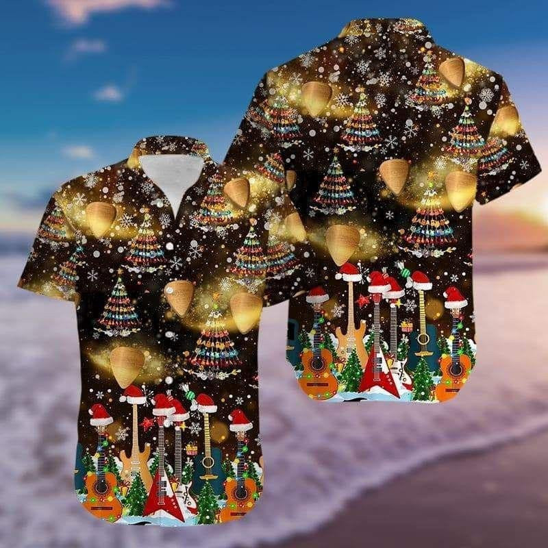 Collection Of Guitar Christmas Tree Design Hawaiian Shirt, Hawaiian For Gift