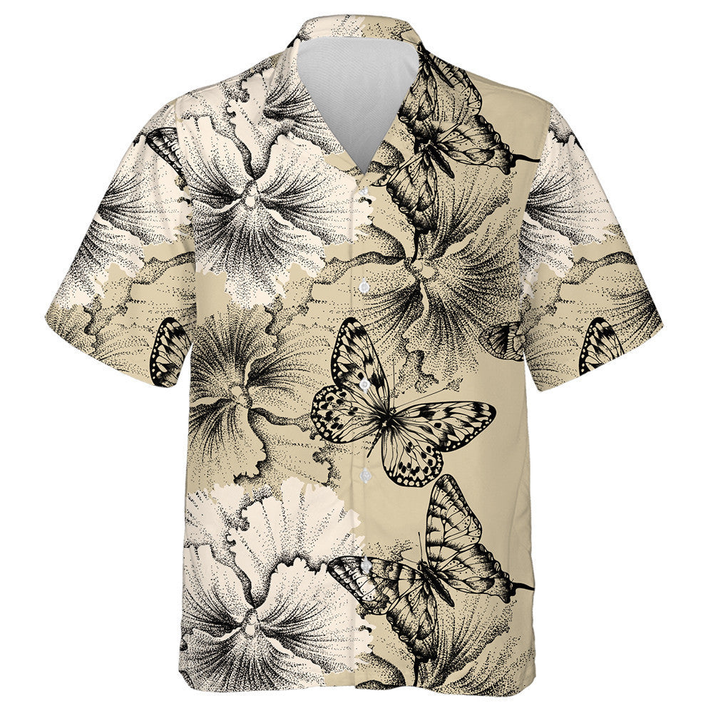 Theme Hibiscus Flower And Black Butterflies Hawaiian Shirt,Hawaiian Shirt Gift, Christmas Gift