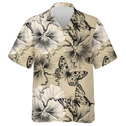 Theme Hibiscus Flower And Black Butterflies Hawaiian Shirt,Hawaiian Shirt Gift, Christmas Gift