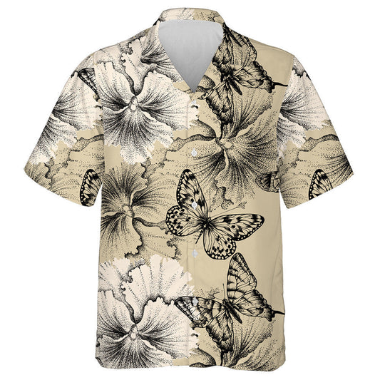 Theme Hibiscus Flower And Black Butterflies Hawaiian Shirt,Hawaiian Shirt Gift, Christmas Gift