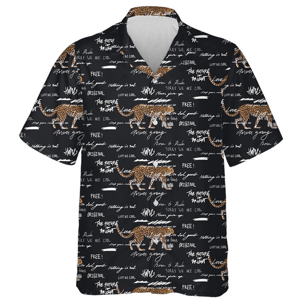 Leopard And White Word On Black Background Hawaiian Shirt, Hawaiian Shirt Gift, Christmas Gift