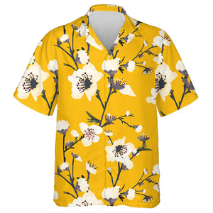 Spring Flowers White Floral Branches On Yellow Background Hawaiian Shirt, Hawaiian Shirt Gift, Christmas Gift