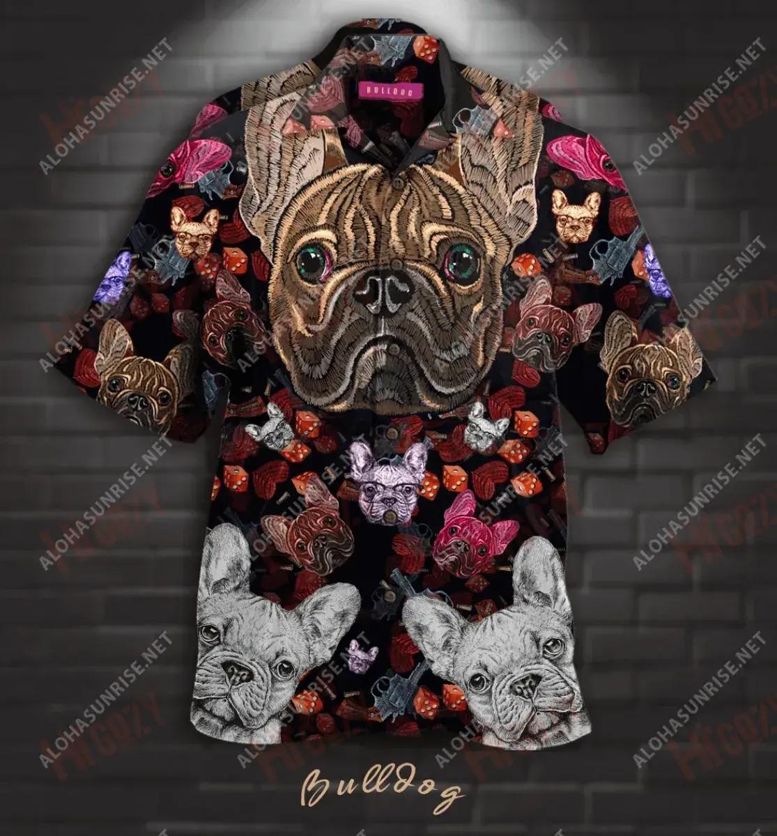 Bróidnéireacht Bulldog Unisex Léine haváíais Aigéan muinchille Gearr Léinte Crazy Léinte haváíais do Mhná, Bronntanas Léine Haváís, Bronntanas Nollag