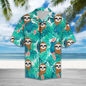 Smiling Sloth With Tropical Palm Leaves Summer Vacation Hawaiian Shirt, Hawaiian Shirt Gift, Christmas Gift