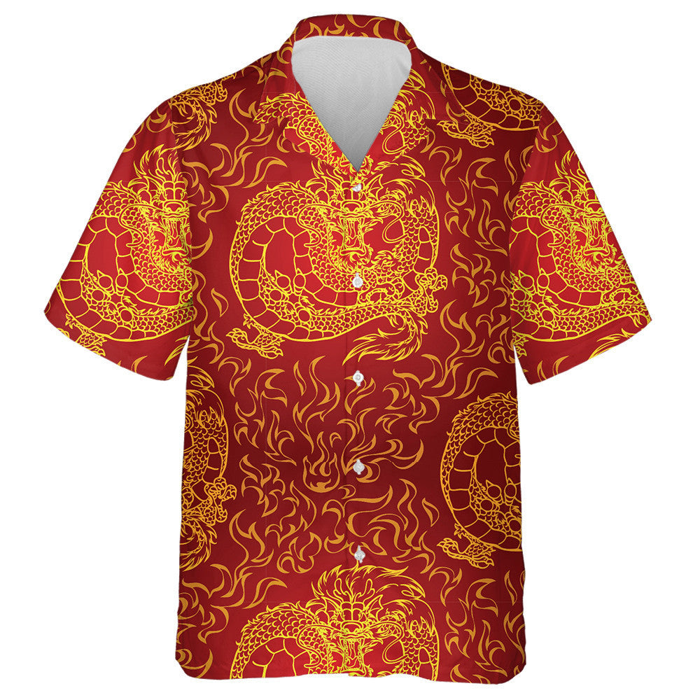 Asian Dragon And Fire On Red Background Hawaiian Shirt, Hawaiian Shirt Gift, Christmas Gift