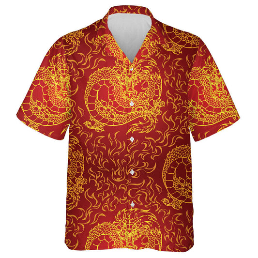 Asian Dragon And Fire On Red Background Hawaiian Shirt, Hawaiian Shirt Gift, Christmas Gift