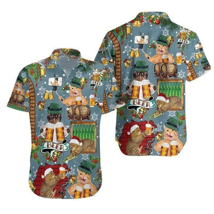 Cool Cat Drinking Beer Merry Christmas Vintage Style Design Hawaiian Shirt, Hawaiian Shirt Gift, Christmas Gift