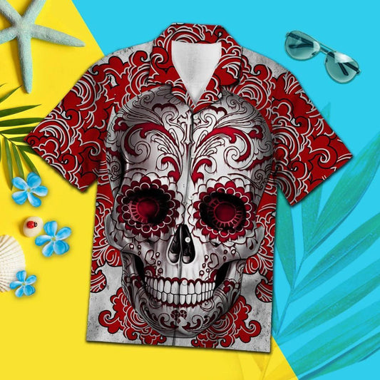 Skull With Red Floral Cool Hawaiian Shirt,Hawaiian Shirt Gift, Christmas Gift