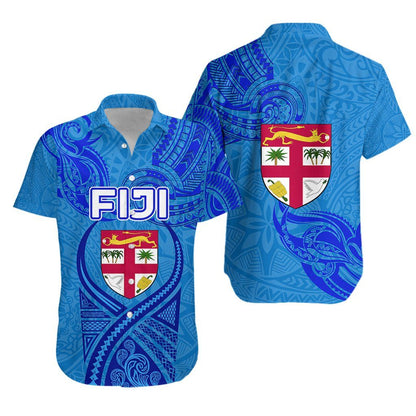 Blue Hawaiian Aloha Shirt Fiji Rugby Polynesian Waves Style  Hawaiian Shorts Beach Short Sleeve,Hawaiian Shirt Gift, Christmas Gift