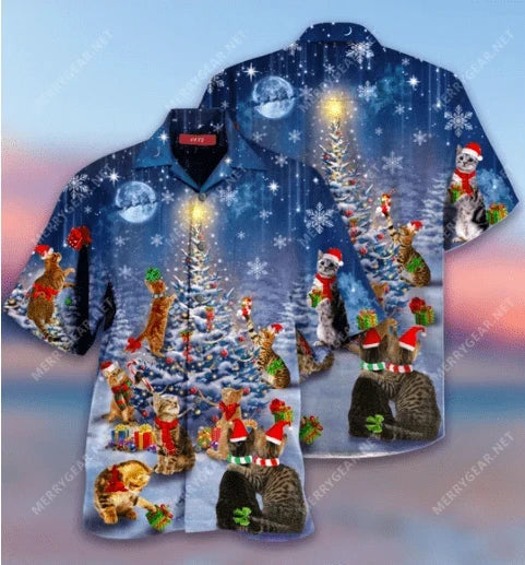 Cute Cat Under Snowy Christmas Tree Vintage Style Design Hawaiian Shirt, Hawaiian Shirt Gift, Christmas Gift.